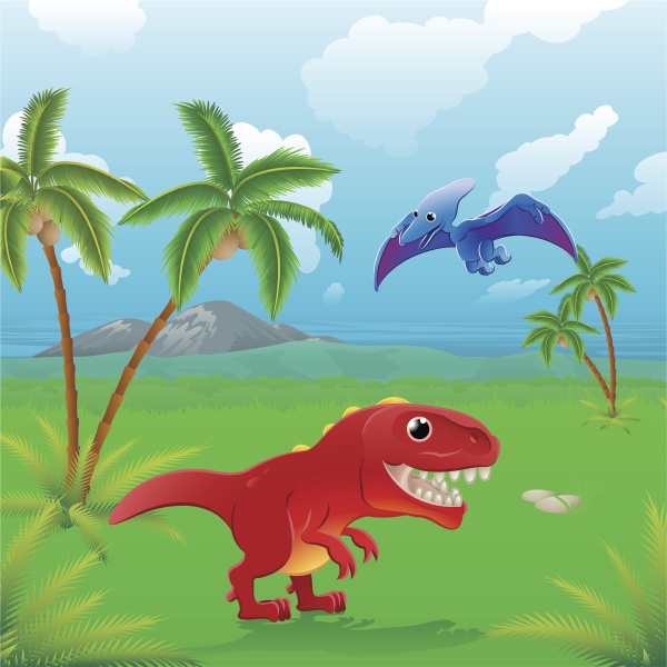 Desenhos animados dinossauros felizes com vulcão, Vetor Premium
