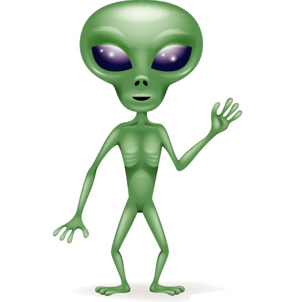 Um desenho animado de um alienígena verde e um alienígena azul conversando  com um homem.