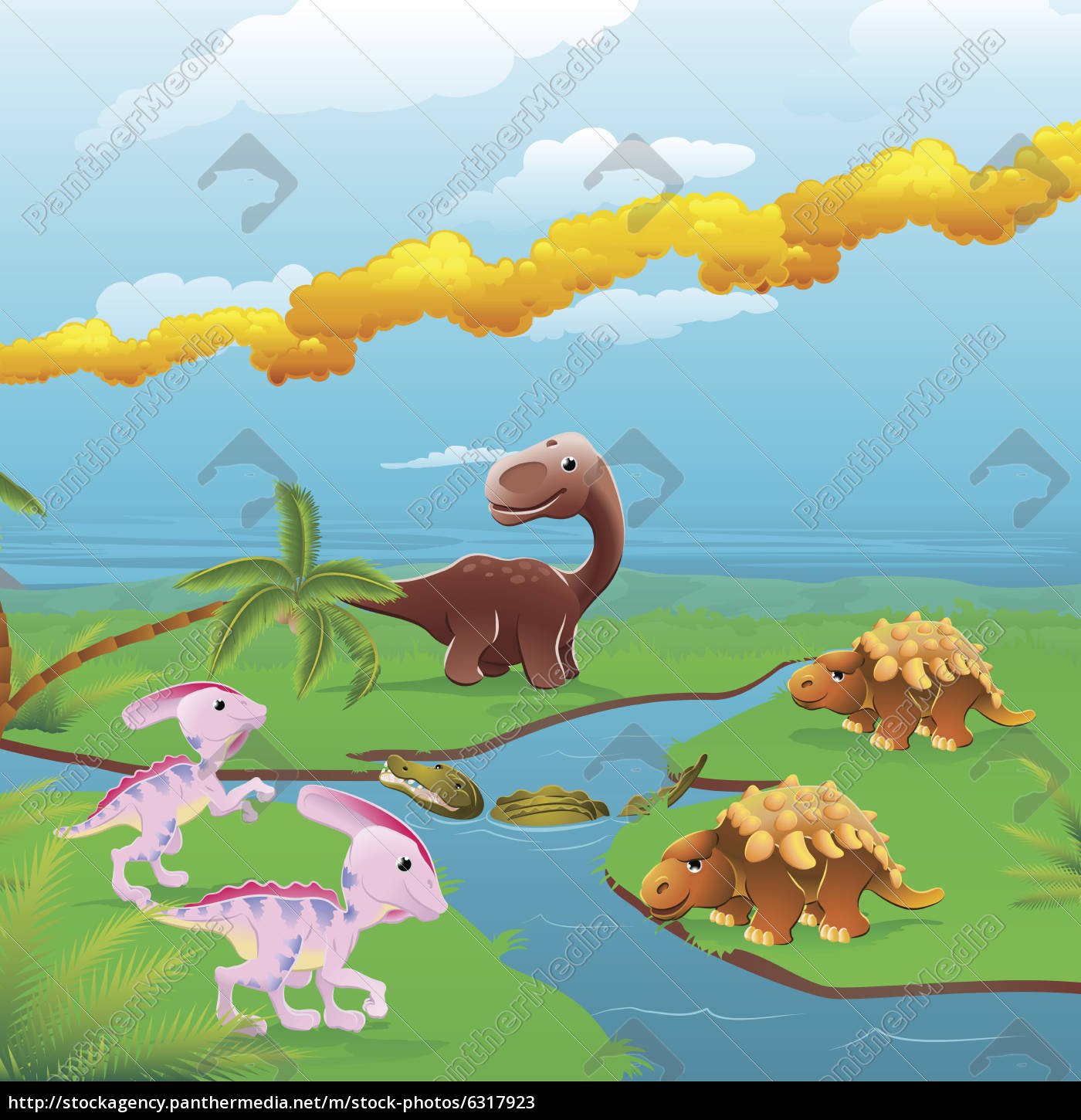 Desenhos animados dinossauros felizes com vulcão, Vetor Premium