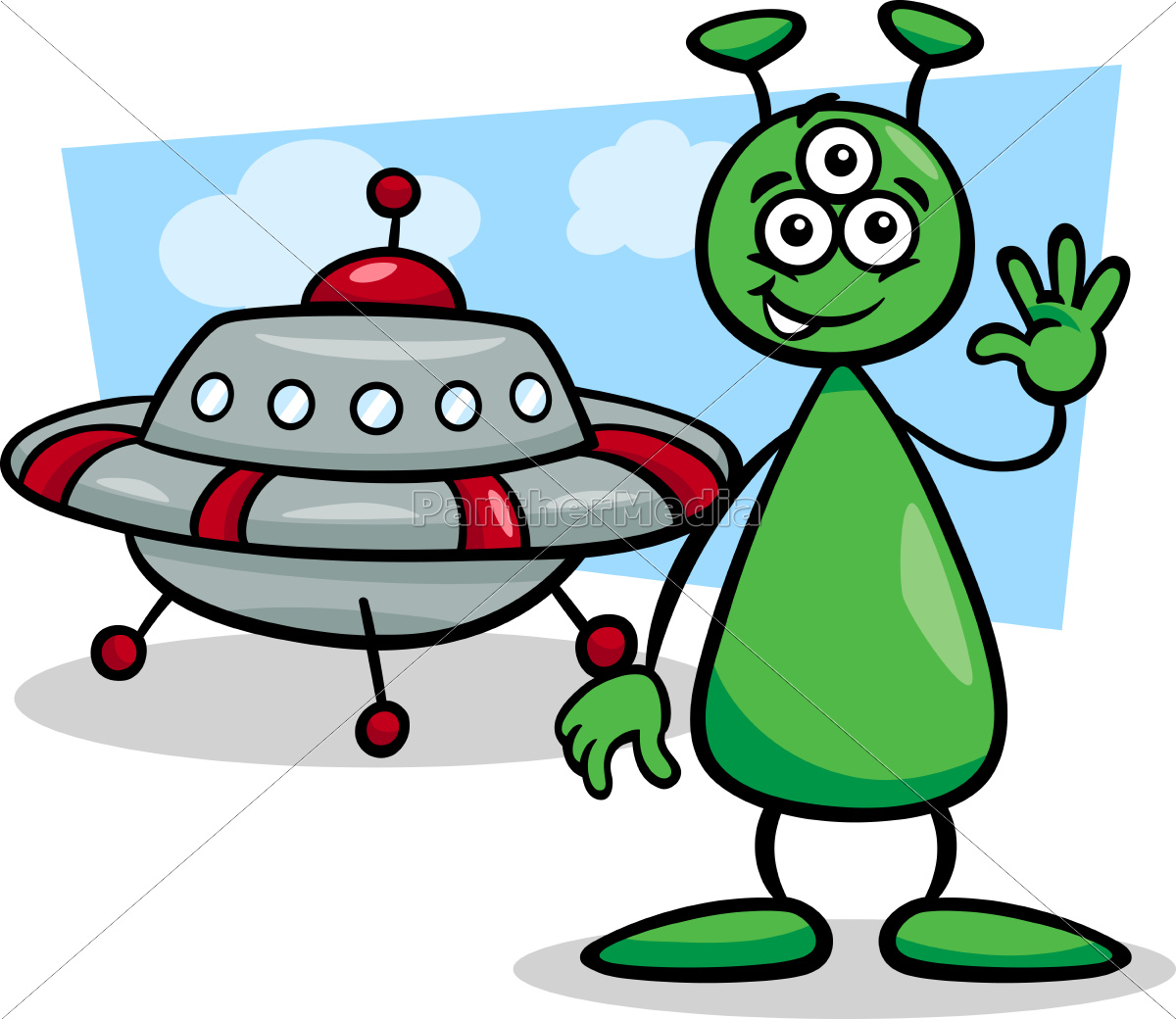 Um desenho animado de um alienígena verde em uma nave espacial verde.
