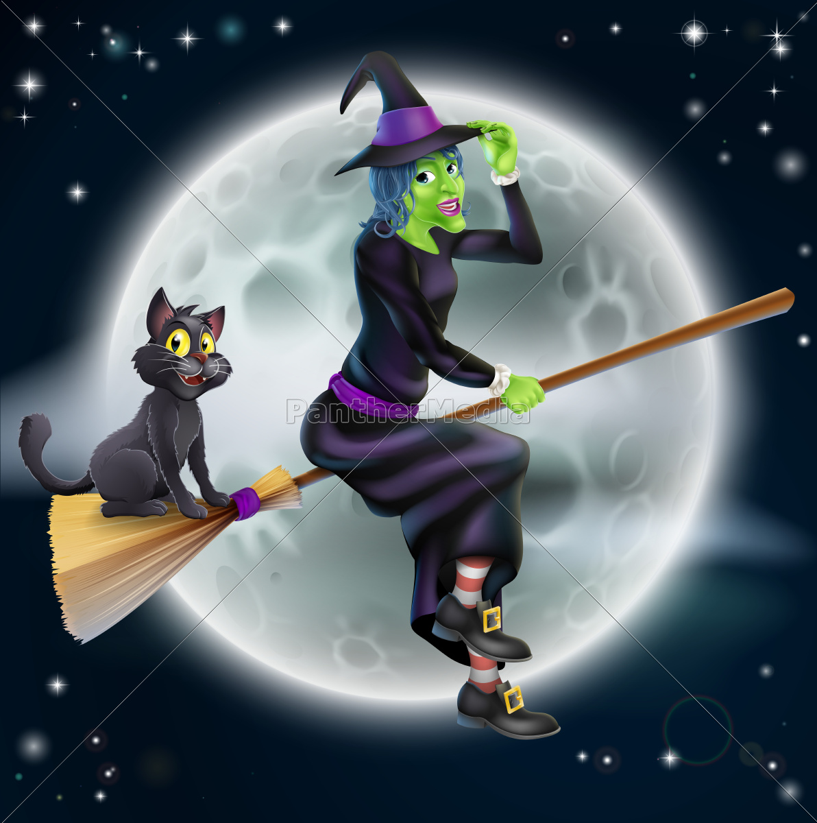 bruxa fofa de halloween montando uma vassoura voando no céu com