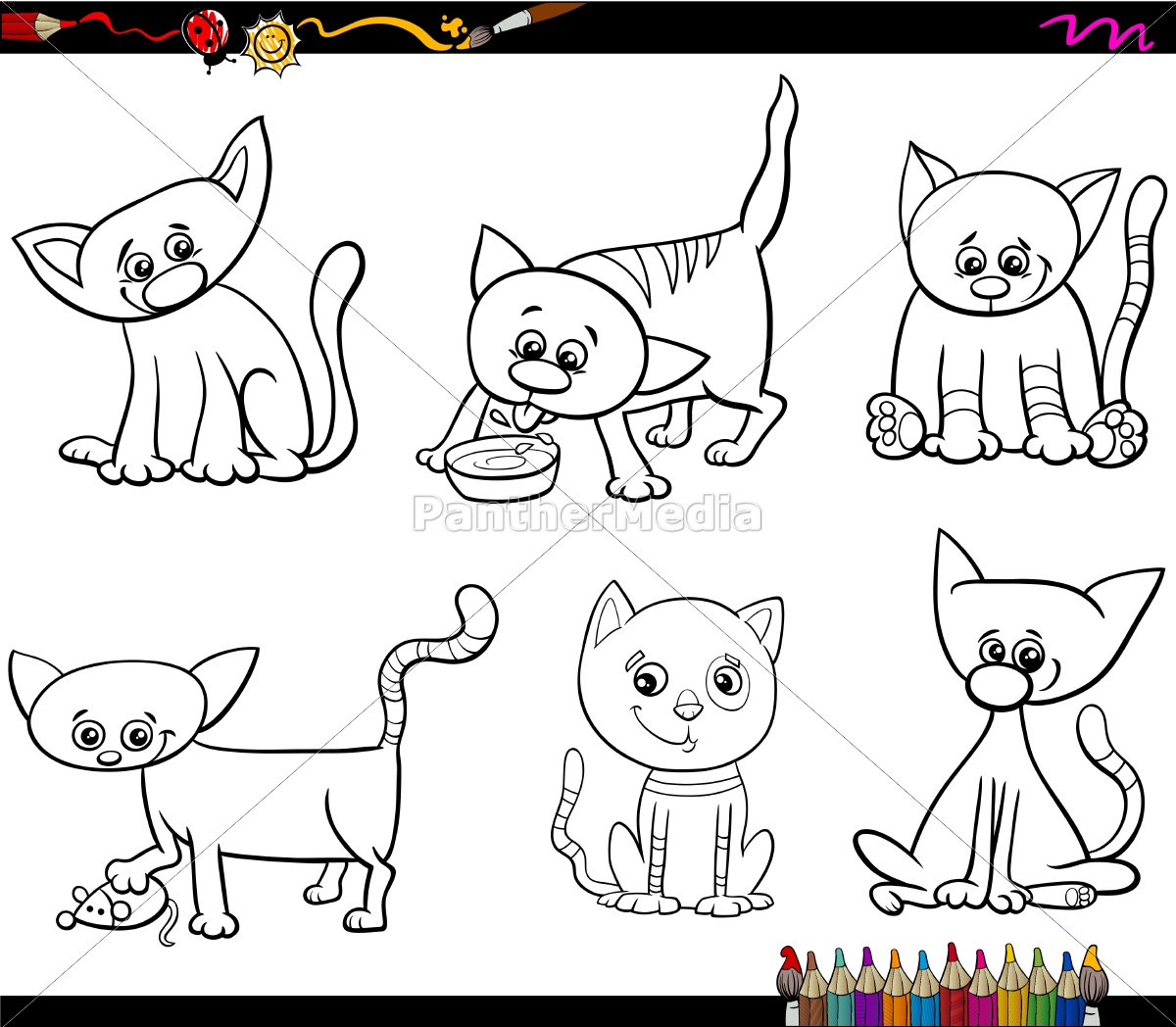 Desenho em preto e branco de um grupo de gatos para colorir e