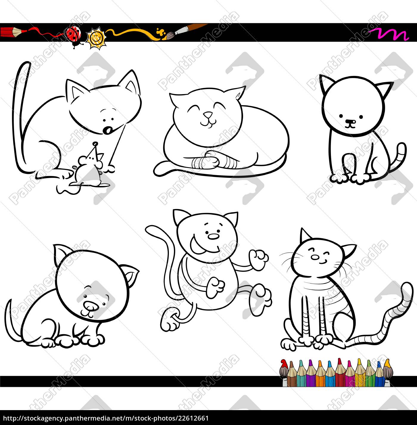 Gatos e gatinhos dos desenhos animados, conjunto de personagens de  quadrinhos para colorir página