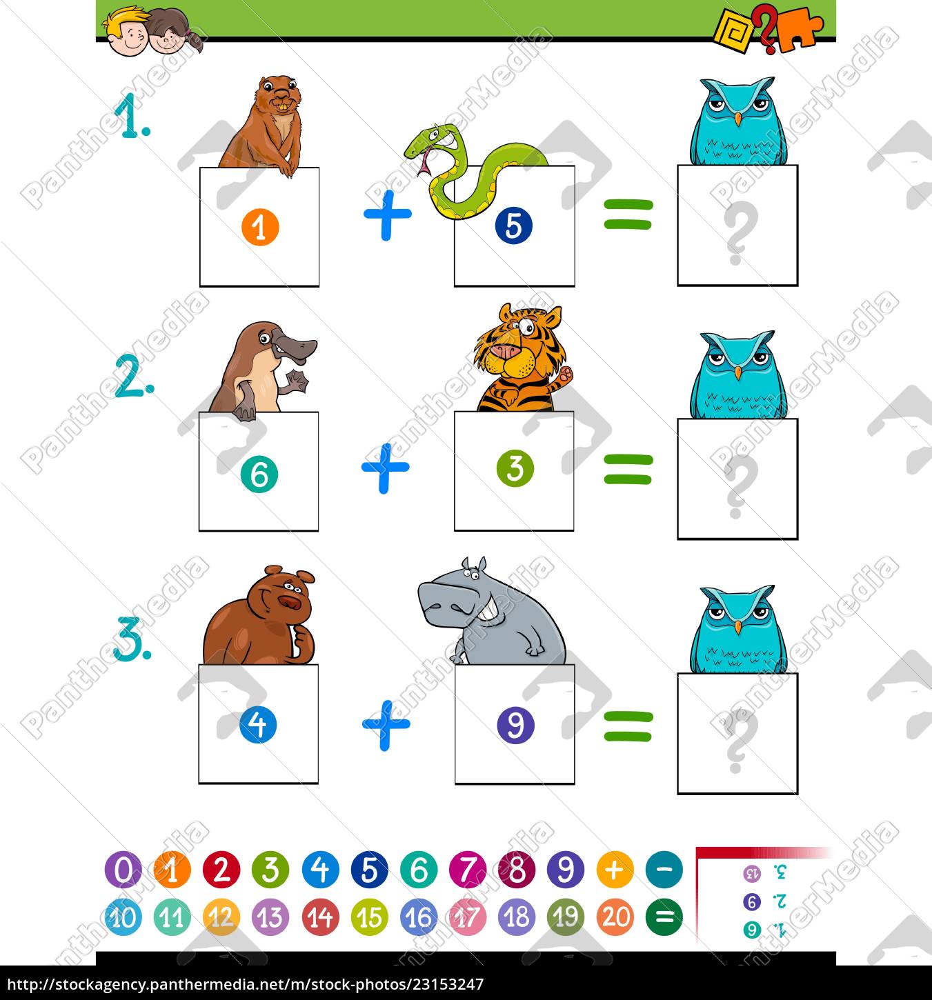 Adição Para Jogos Matemáticos Infantis Com Gato De Desenho Animado