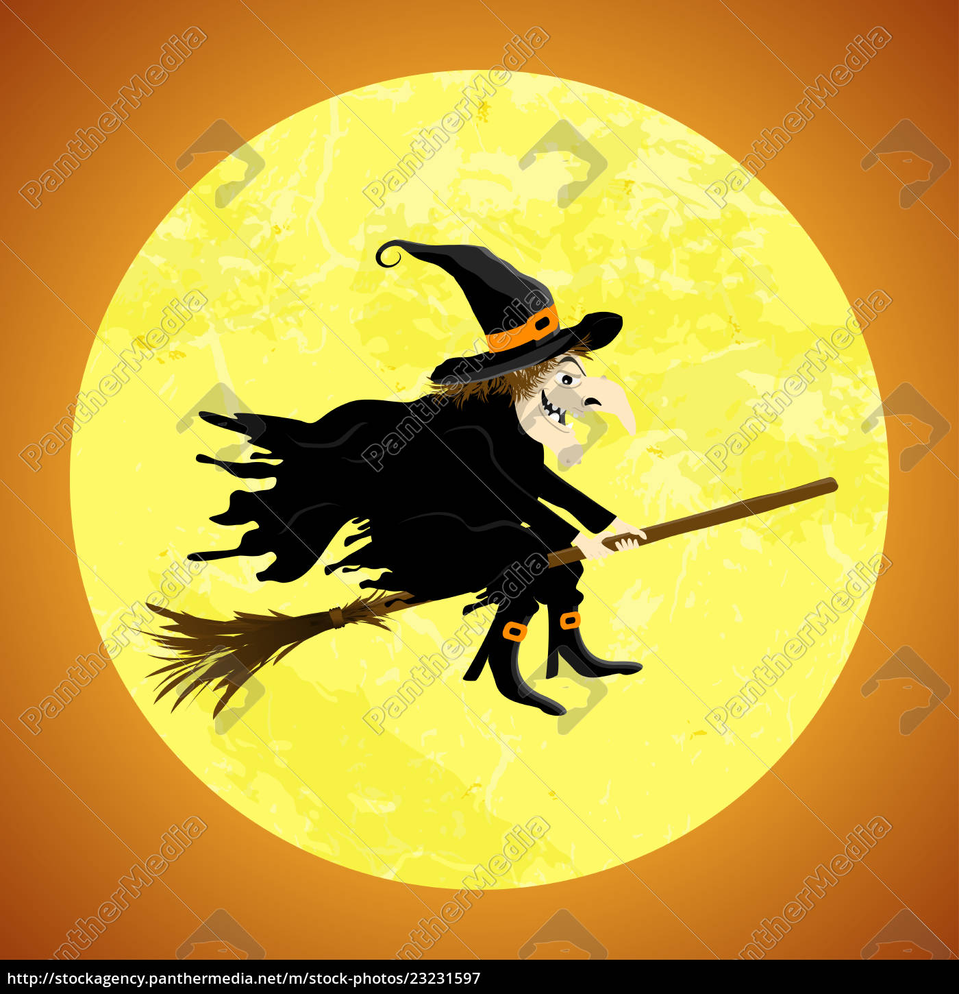 silhueta de bruxa de halloween em uma vassoura em frente à lua