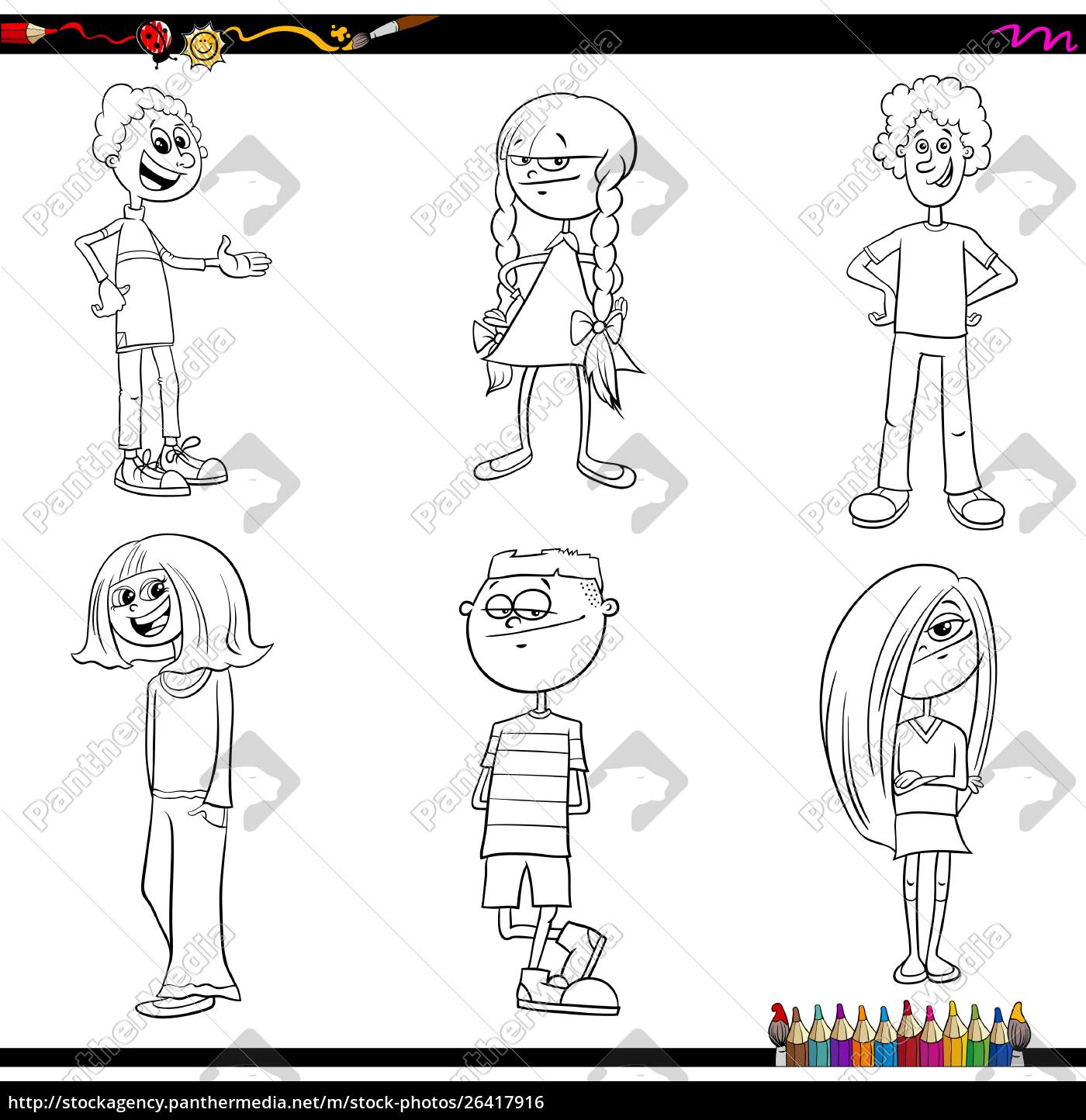 Idade elementar dos desenhos animados ou desenho de personagem de menino  adolescente para colorir