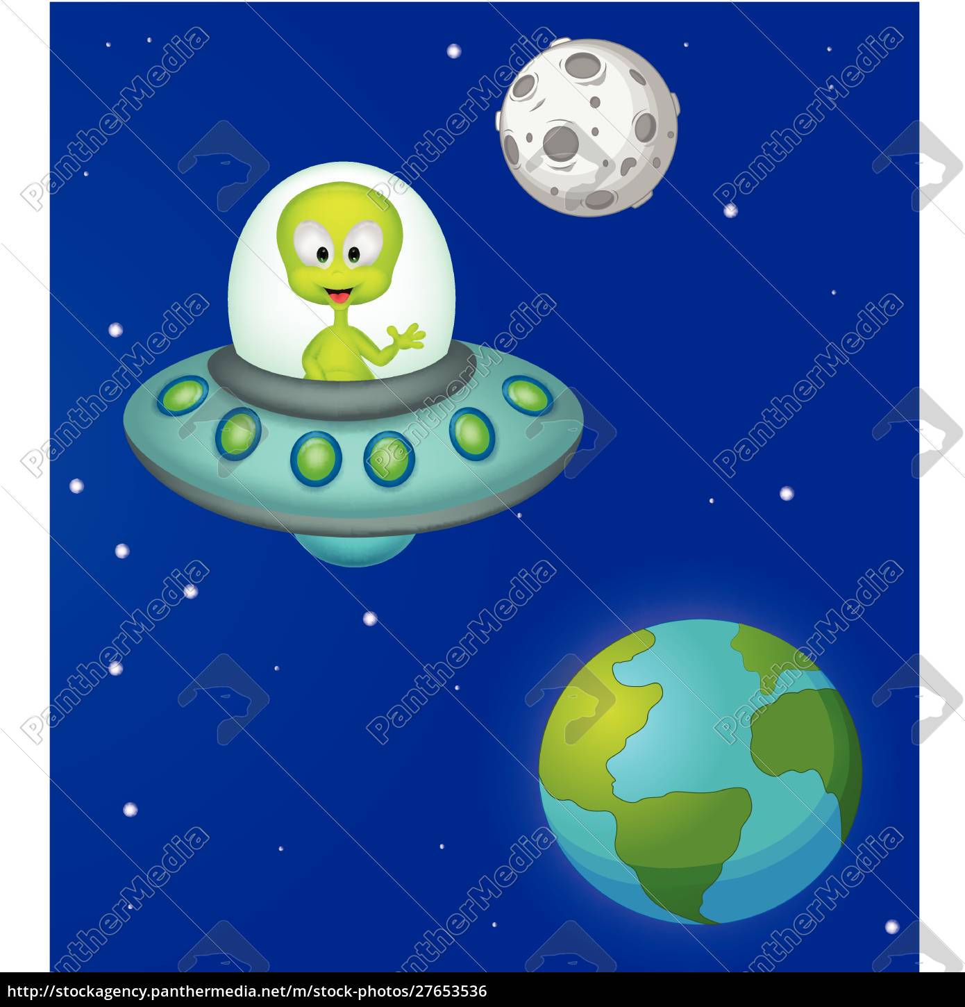 Ufo de desenho animado com alienígena acenando