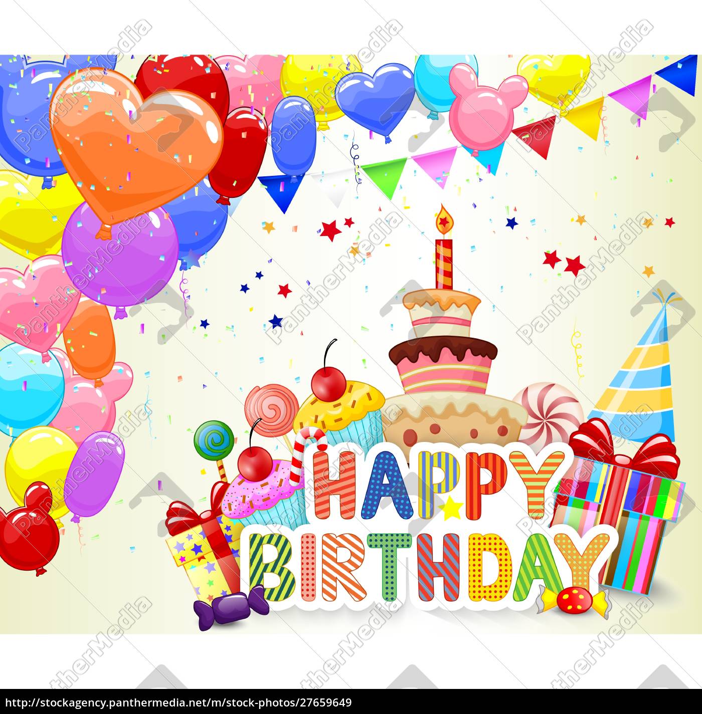 Desenho de aniversário com balão colorido e bolo de aniversário
