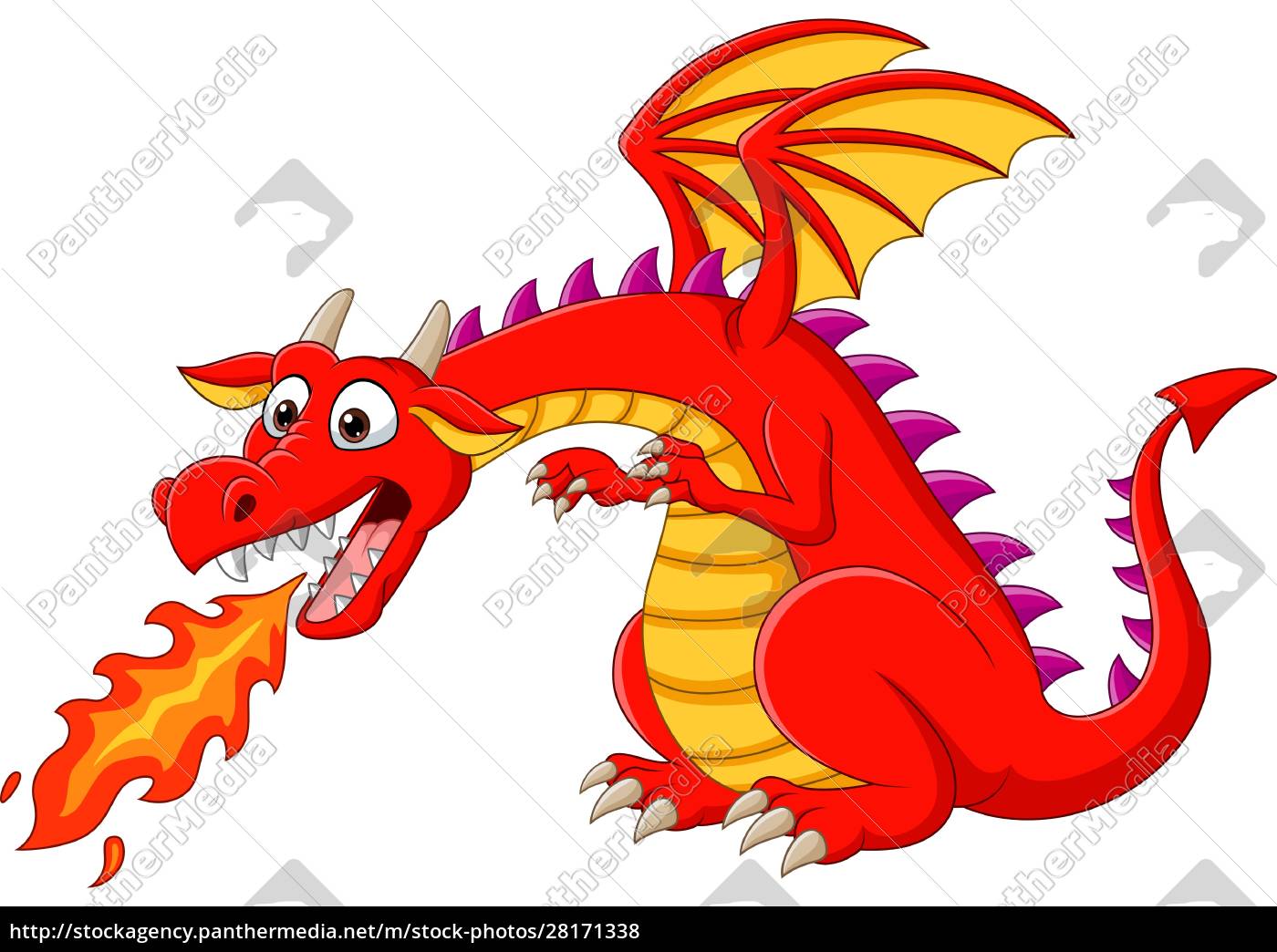 Desenho animado dragão vermelho cuspindo fogo - Stockphoto