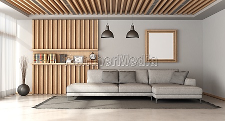 Interior moderno da sala de estar escandinava com sofá cinza