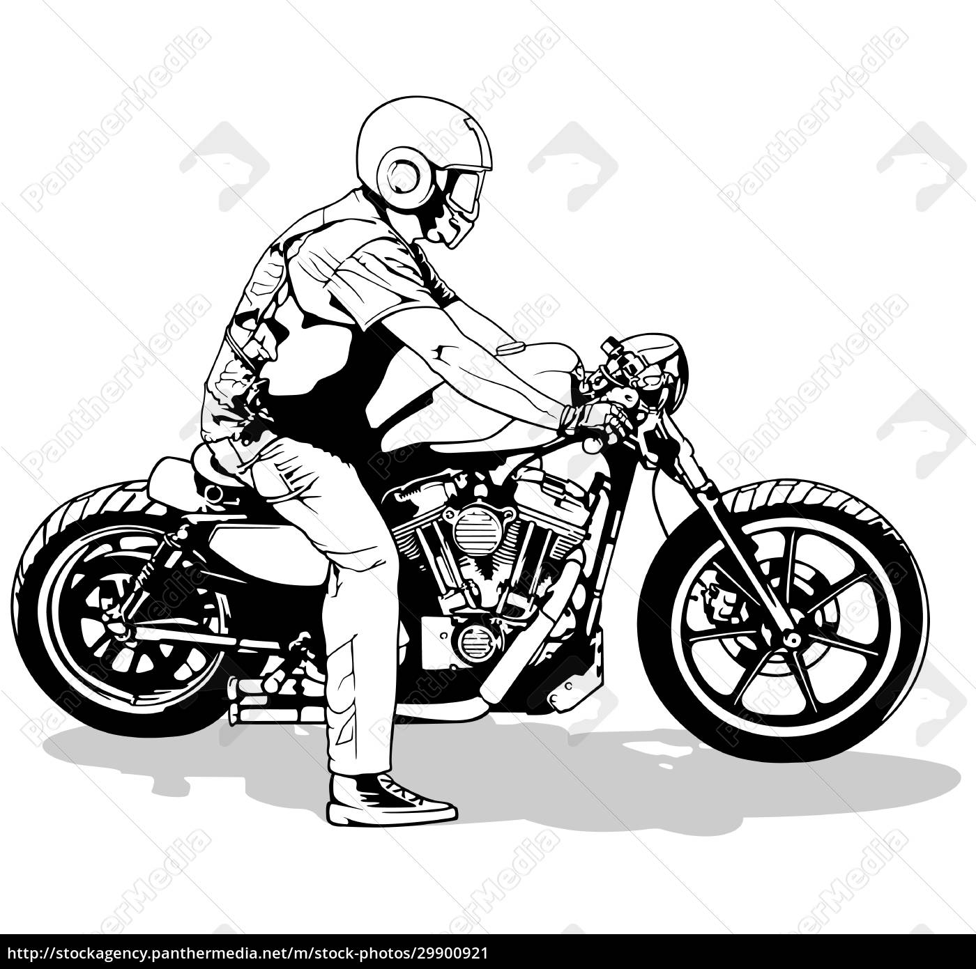 Desenho de motociclista em uma motocicleta, ilustração vetorial de contorno