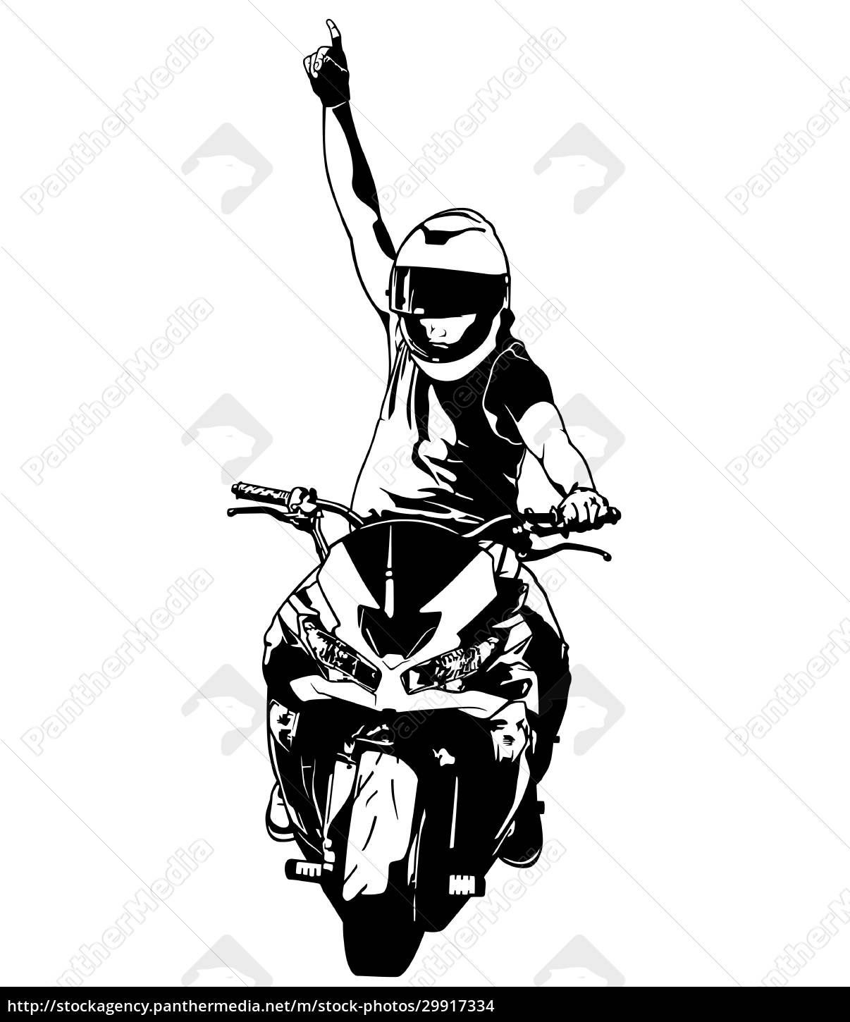 Um desenho preto e branco de um homem andando de moto.