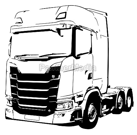 Desenho preto e branco de um caminhão.