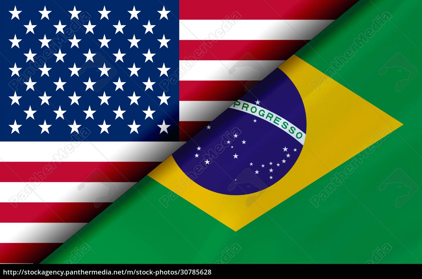 Bandeiras dos EUA e do Brasil divididas diagonalmente - Stockphoto