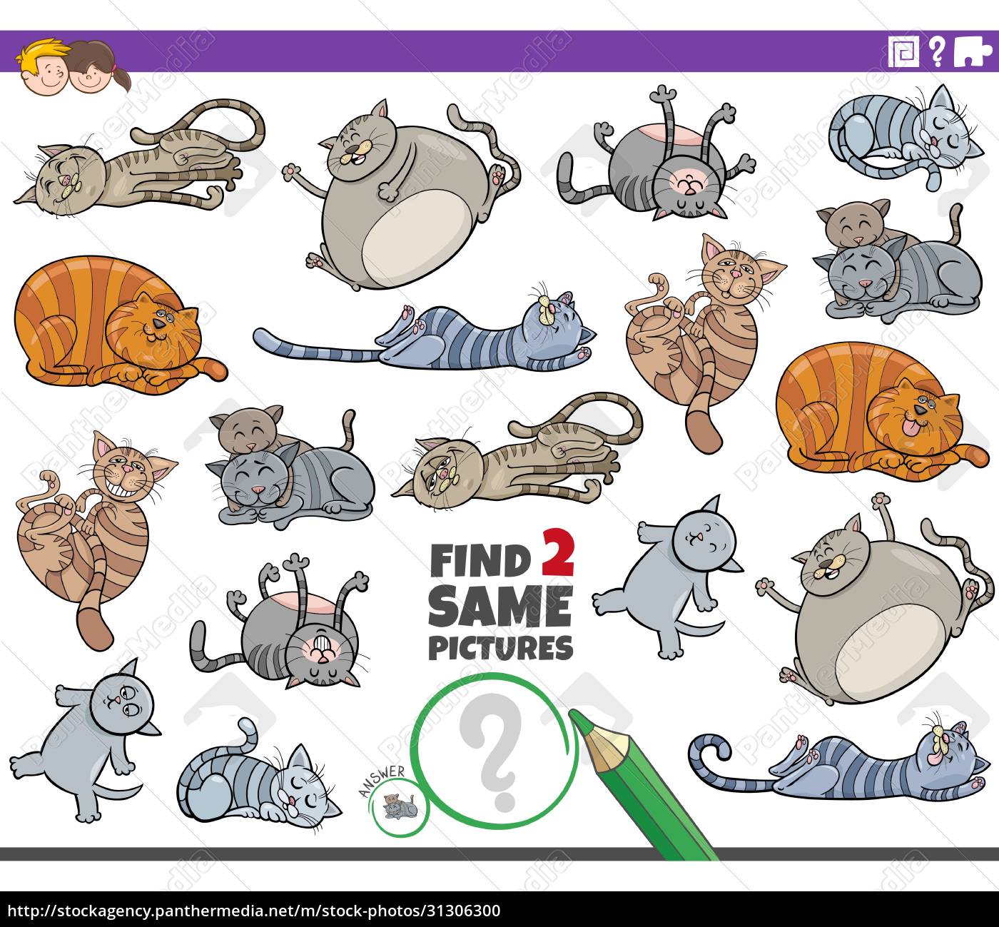 encontre dois mesmos desenhos animados de jogos de gatos para